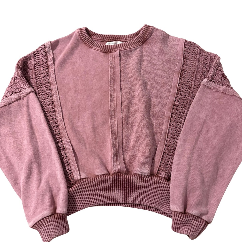 Altar'd State Mauve Mineral‎ Wash Crochet Panel Cropped Sweatshirt XS Boho Pink